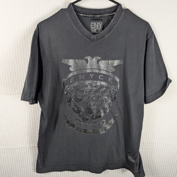 Enyce L Black Metallic Crest Logo T-Shirt Y2K Streetwear Hip Hop Graphic Tee - Picture 1 of 5